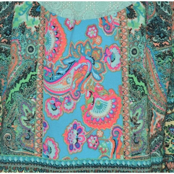 Figueroa & Flower Womens 2X Green Floral Lace Up Lace Back Blouse Tunic Top - Picture 10 of 14